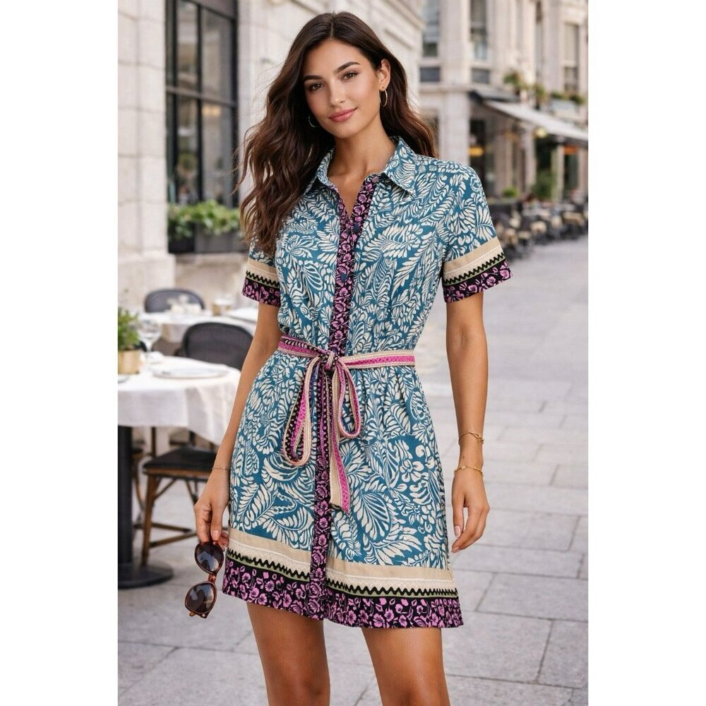 LOFT Printed Shirt Dress Belted Teal Pink Floral Boho Short Sleeve Size 8 - Picture 13 of 13